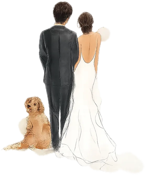 Ilustración de Yvette y José de espaldas, vestidos de boda, con Alejandro sentado junto a ellos.